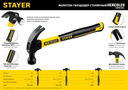 STAYER Hercules, 450 г, молоток-гвоздодёр столярный с фиберглассовой рукояткой, Professional (2026-450) по цене 830 руб. купить в Воронеже.