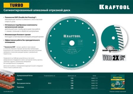 KRAFTOOL Turbo, 150 мм, (22.2 мм, 10 х 2.4 мм), сегментированный алмазный диск (36682-150) по цене 1 610 руб. купить в Воронеже.