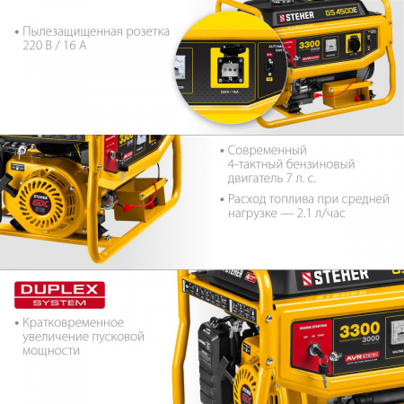 STEHER 3300 Вт, бензиновый генератор с электростартером (GS-4500E) по цене 34 390 руб. купить в Воронеже.