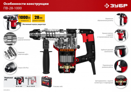 ЗУБР 28 мм, 1000 Вт, перфоратор SDS Plus (ПВ-28-1000) по цене 9 990 руб. купить в Воронеже.