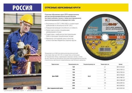 Круг отрезной абразивный ″Луга″ по металлу для УШМ, 180x1,6x22,2мм, по цене 60 руб. купить в Воронеже.