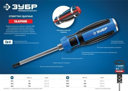 Отвертка ударная, сквозной Cr-V стержень, SL5 x 75 мм, усилитель под ключ, магнитный наконечник, двухкомп. рукоятка, ЗУБР Профессионал, ″УДАРНИК″ по цене 371 руб. купить в Воронеже. Отвертка ударная, сквозной Cr-V стержень, SL5 x 75 мм, усилитель под ключ, магнитный наконечник, двухкомп. рукоятка, ЗУБР Профессионал, ″УДАРНИК″ по цене 371 руб. купить в Воронеже.