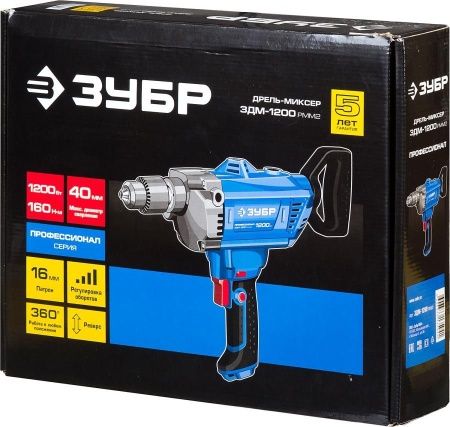 Дрель-миксер реверсивная, ЗУБР Профессионал ЗДМ-1200 РММ2, 160 Нм, патрон 16 мм, 0-850 об/мин, 1200 Вт по цене 9 500 руб. купить в Воронеже.