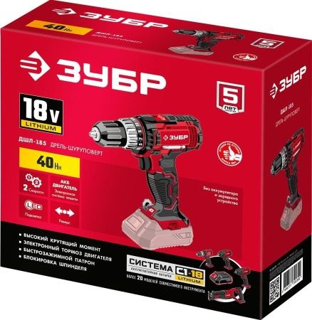 ЗУБР 18В, без АКБ, в коробке, дрель-шуруповерт. ДШЛ-185 по цене 3 120 руб. купить в Воронеже.