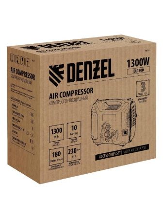 Компрессор воздушный DL1300, 10 бар, 1,3 кВт 180 л/мин 5 л, с набором аксессуаров Denzel по цене 18 050 руб. купить в Воронеже.