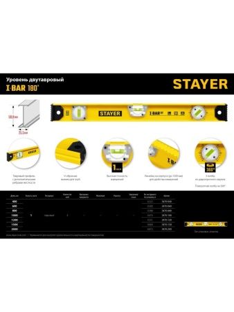 STAYER I-Bar 180˚, 400 мм, двутавровый, уровень с поворотным глазком (3470-040) по цене 580 руб. купить в Воронеже.