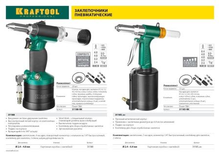 INDUSTRIE-PNEUMO заклепочник пневматический для заклёпок из алюминия, стали, нерж. стали, d=2,4 / 3,2 / 4,0 / 4,8 / 6,4 мм, KRAFTOOL