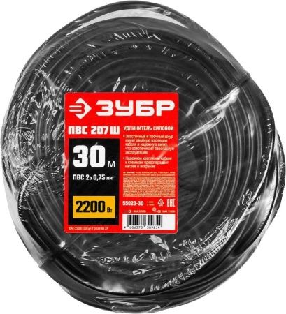Силовой удлинитель-шнур ЗУБР ПВС 2x0.75 30м 2200Вт, ПВС 207-Ш по цене 1 220 руб. купить в Воронеже.