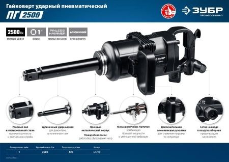 ЗУБР ПГ-2500 ударный пневматический гайковерт, 1″, 2500 Нм по цене 26 430 руб. купить в Воронеже.