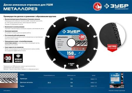 ЗУБР МЕТАЛЛОРЕЗ 150 мм, вакуумное спекание, алмазный диск по металлу, Профессионал (36662-150) по цене 1 350 руб. купить в Воронеже.