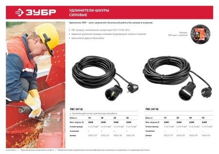 Удлинитель-шнур ″ПВС 207-Ш″, 10 м, 2200 Вт, 1 гнездо, ПВС 2х0,75 мм2, ЗУБР по цене 560 руб. купить в Воронеже.