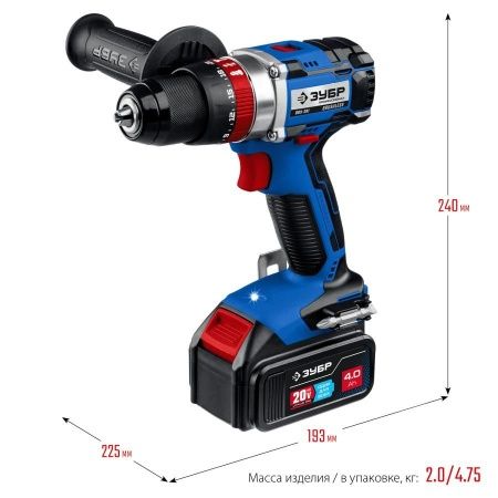 ЗУБР 20В бесщеточная ударная дрель-шуруповерт, 2 АКБ (4Ач), в кейсе, Профессионал. DBS-201-42 по цене 15 890 руб. купить в Воронеже.