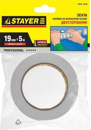 Двухсторонняя клейкая лента на вспененной основе, STAYER Professional 12231-19-05, белая, 19мм х 5м по цене 157 руб. купить в Воронеже.