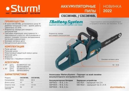 Аккумуляторная цепная пила Sturm! CSC3616BL 1BatterySystem по цене 12 990 руб. купить в Воронеже.