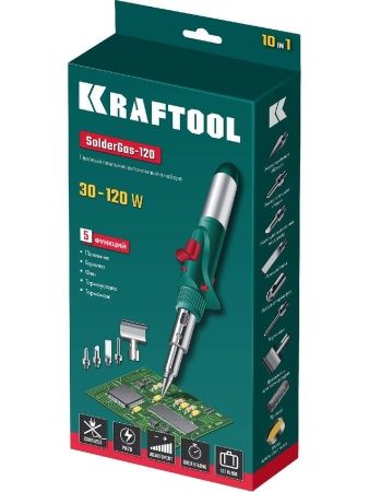 KRAFTOOL SolderGas, 120 K, 30 - 120 Вт, 1300°С, горелка, фен, пьезоподжиг, набор 10 в 1, газовый паяльник (55503-H10) по цене 3 640 руб. купить в Воронеже.