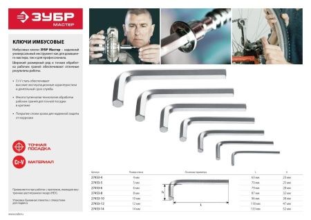 Ключ имбусовый ЗУБР ″Мастер″, хромованадиевая сталь, хромированное покрытие, 8мм по цене 77 руб. купить в Воронеже.