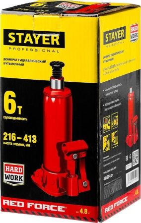 STAYER RED FORCE, 6 т, 216 - 413 мм, бутылочный гидравлический домкрат, Professional (43160-6) по цене 1 880 руб. купить в Воронеже. STAYER RED FORCE, 6 т, 216 - 413 мм, бутылочный гидравлический домкрат, Professional (43160-6) по цене 1 880 руб. купить в Воронеже.