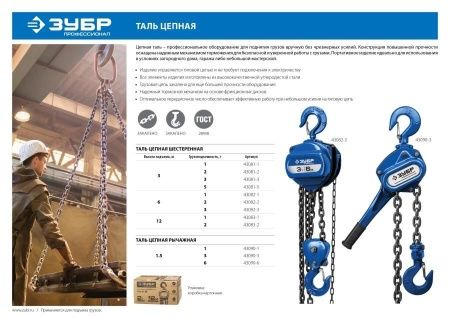 Таль цепная ″ТШ-3-3″ шестеренная, ЗУБР Профессионал 43081-3, 3т / 3м по цене 11 870 руб. купить в Воронеже.