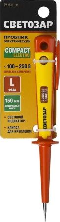 Пробник СВЕТОЗАР электрический, цельнолитой пластмассовый корпус, на карточке, 100-250В, 150мм по цене 206 руб. купить в Воронеже.