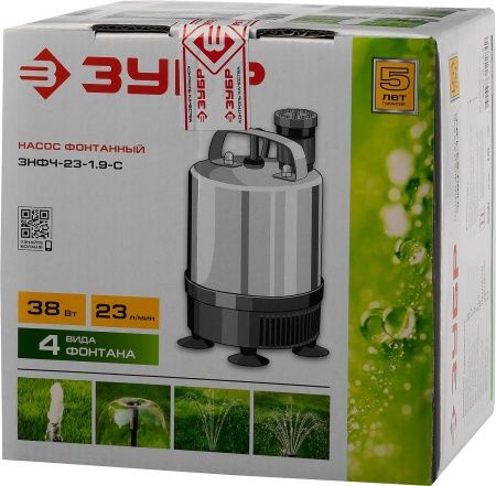 Насос фонтанный, ЗУБР ЗНФЧ-23-1.9-C, нерж сталь, для чистой воды, напор 1,9 м, насадки: колокольчик, гейзер, каскад, 38 Вт, 23 л/мин по цене 3 960 руб. купить в Воронеже.
