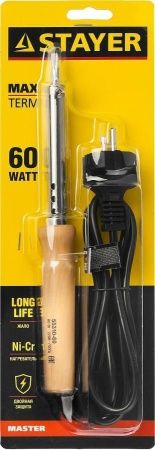 Электропаяльник STAYER 60 Вт, клин, с деревянной рукояткой, MAXTerm по цене 890 руб. купить в Воронеже.