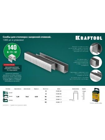 KRAFTOOL тип 140 (G/11/57) 14 мм, 1000 шт, калибр 20GA, скобы для степлера (31680-14) по цене 388 руб. купить в Воронеже.