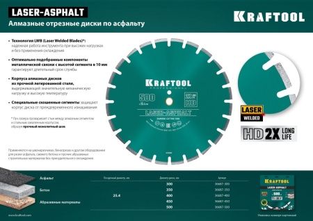 KRAFTOOL LASER-ASPHALT 500 мм (25.4/20 мм, 10х4.5 мм), алмазный диск (36687-500) по цене 16 060 руб. купить в Воронеже.