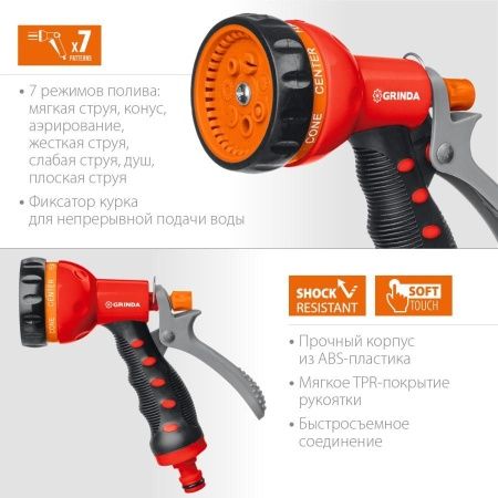 GRINDA T-7, 7 режимов, курок сзади, пистолет поливочный, пластиковый с TPR по цене 530 руб. купить в Воронеже.