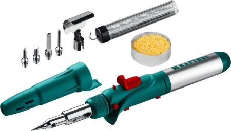 Газовый паяльник KRAFTOOL SolderPro 120K, набор 10-в-1, 30-120 Вт, горелка, фен, пьезоподжиг, 1300°С