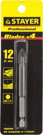 STAYER 12 мм, 4х кромка, HEX 1/4, Сверло по стеклу и кафелю (2985-12) по цене 580 руб. купить в Воронеже.