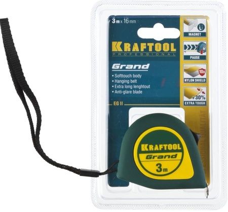KRAFTOOL GRAND 3м / 16мм рулетка с ударостойким корпусом (ABS) и противоскользящим покрытием по цене 407 руб. купить в Воронеже.