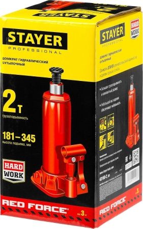 STAYER RED FORCE, 2 т, 181 - 345 мм, бутылочный гидравлический домкрат, Professional (43160-2) по цене 1 440 руб. купить в Воронеже.