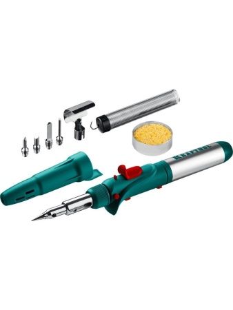 KRAFTOOL SolderGas, 120 K, 30 - 120 Вт, 1300°С, горелка, фен, пьезоподжиг, набор 10 в 1, газовый паяльник (55503-H10)