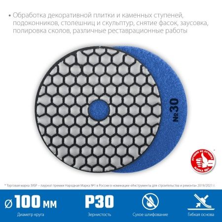 ЗУБР 100 мм, №30, сухое шлифование, алмазный гибкий шлифовальный круг АГШК, Профессионал (29868-030) по цене 520 руб. купить в Воронеже.