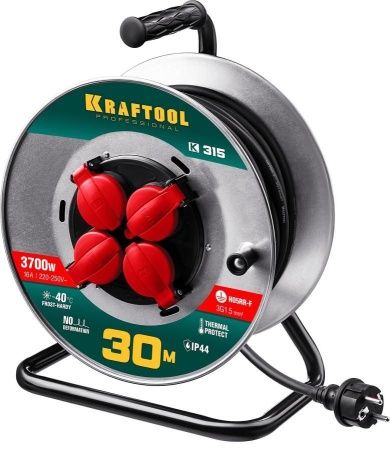 Силовой удлинитель на стальной катушке KRAFTOOL КГ 3х1.5 30м 3700Вт IP44, K-315