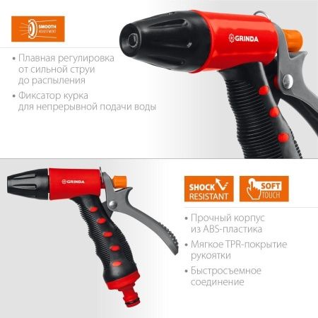 GRINDA T-R, плавная регулировка, курок сзади, пистолет поливочный, пластиковый с TPR по цене 490 руб. купить в Воронеже.