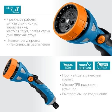 GRINDA PROLine XM-7, 7 режимов, пистолет поливочный металлический с TPR по цене 1 620 руб. купить в Воронеже.