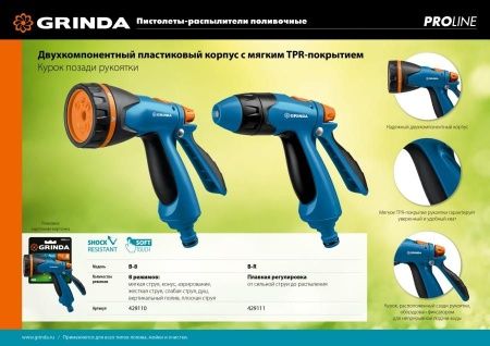 GRINDA PROLine B-R, плавная регулировка, курок сзади, пистолет поливочный двухкомпонентный по цене 650 руб. купить в Воронеже.