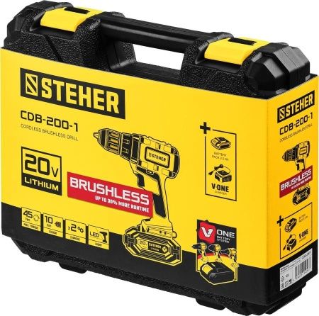 STEHER 20В бесщёточная дрель-шуруповерт, 1 АКБ (2Ач), в кейсе. CDB-200-1 по цене 4 640 руб. купить в Воронеже.