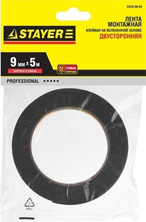 Двухсторонняя клейкая лента на вспененной основе, STAYER Professional 12233-09-05, черная, 9мм х 5м по цене 131 руб. купить в Воронеже.