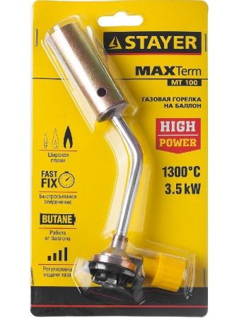 STAYER MaxTerm MT 100, 1300°C, увеличенный выход пламени, газовая горелка на баллон с цанговым соединением (55588) по цене 391 руб. купить в Воронеже.