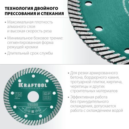 KRAFTOOL Turbo, 115 мм, (22.2 мм, 10 х 2.2 мм), сегментированный алмазный диск (36682-115) по цене 690 руб. купить в Воронеже.